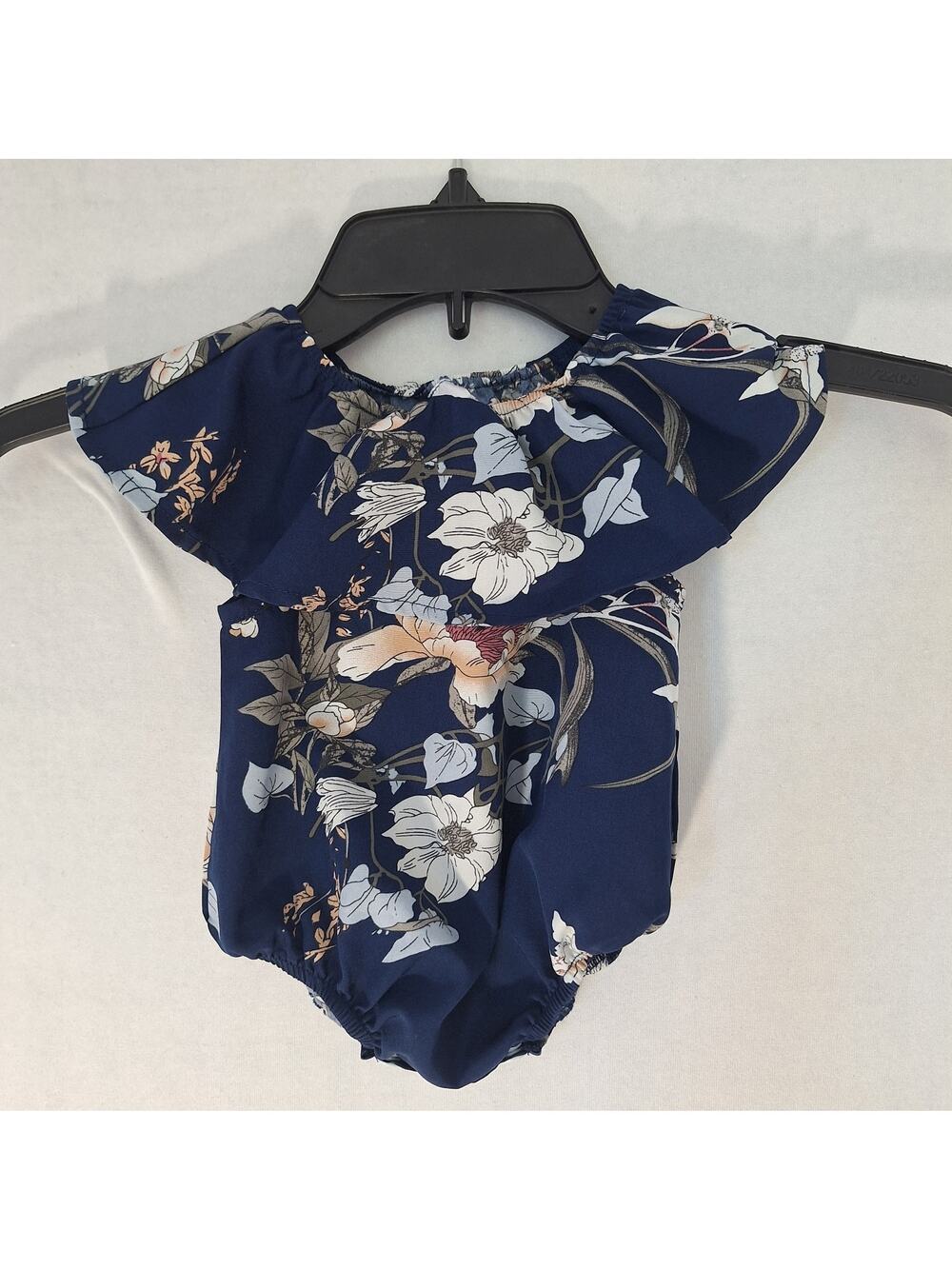 Floral/Navy Bubble Romper With Ruffle Collar Snap Opening 0-3 Months Cute!